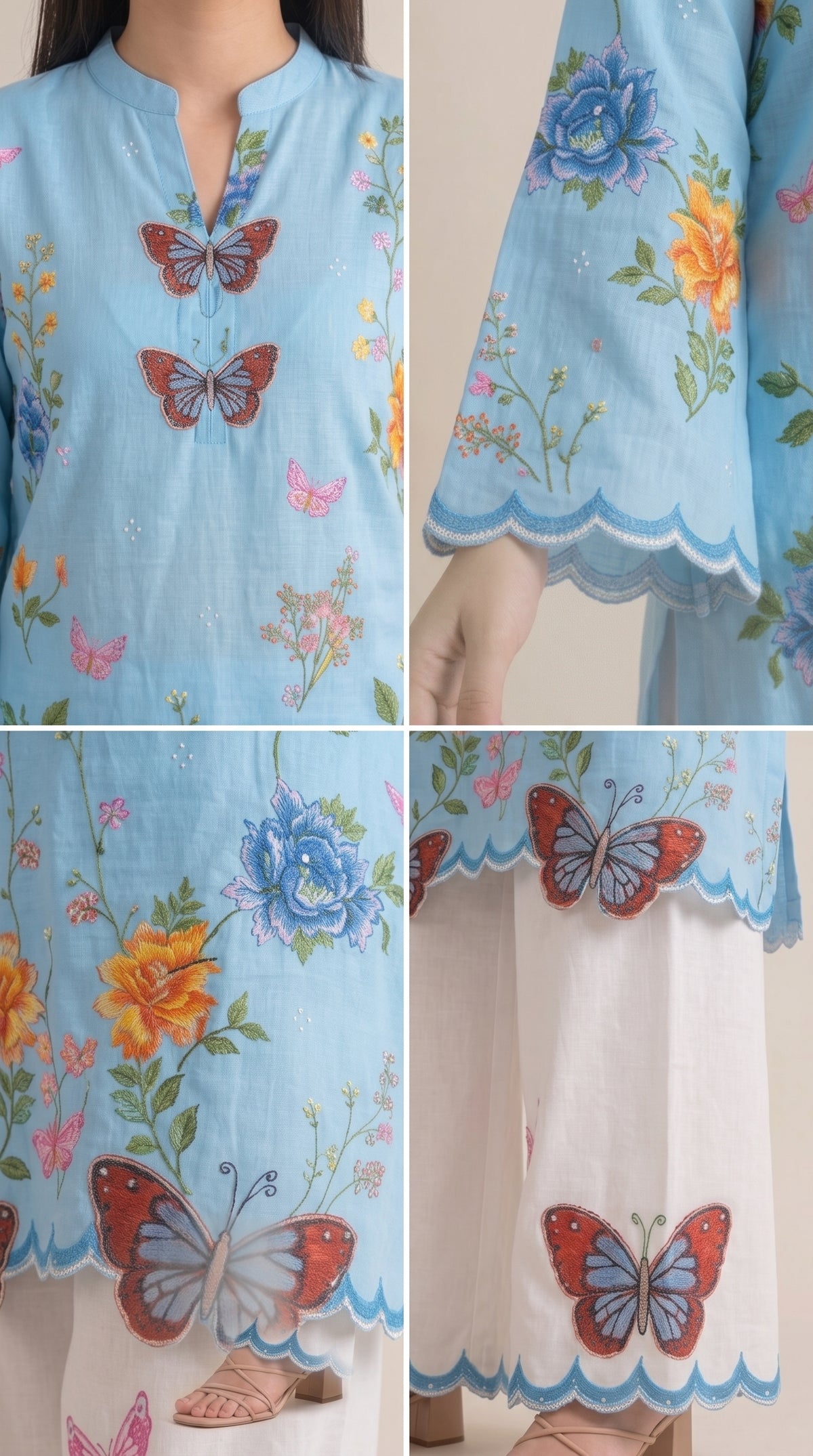 2 Piece Famous Butterfly Printed + Cutwork Co-ord Set