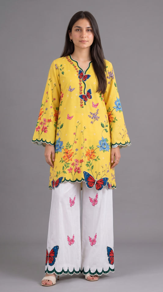 2 Piece Famous Butterfly Printed + Cutwork Co-ord Set