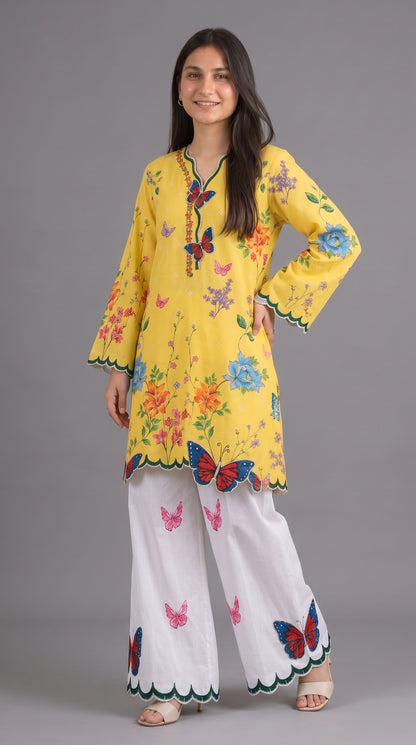2 Piece Famous Butterfly Printed + Cutwork Co-ord Set