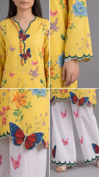 2 Piece Famous Butterfly Printed + Cutwork Co-ord Set