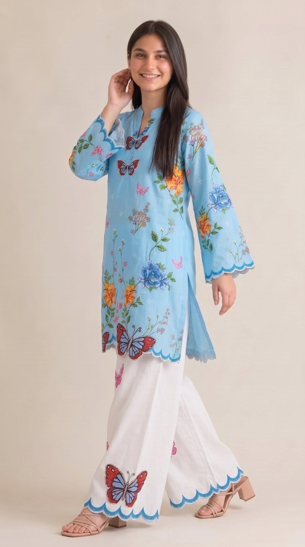 2 Piece Famous Butterfly Printed + Cutwork Co-ord Set