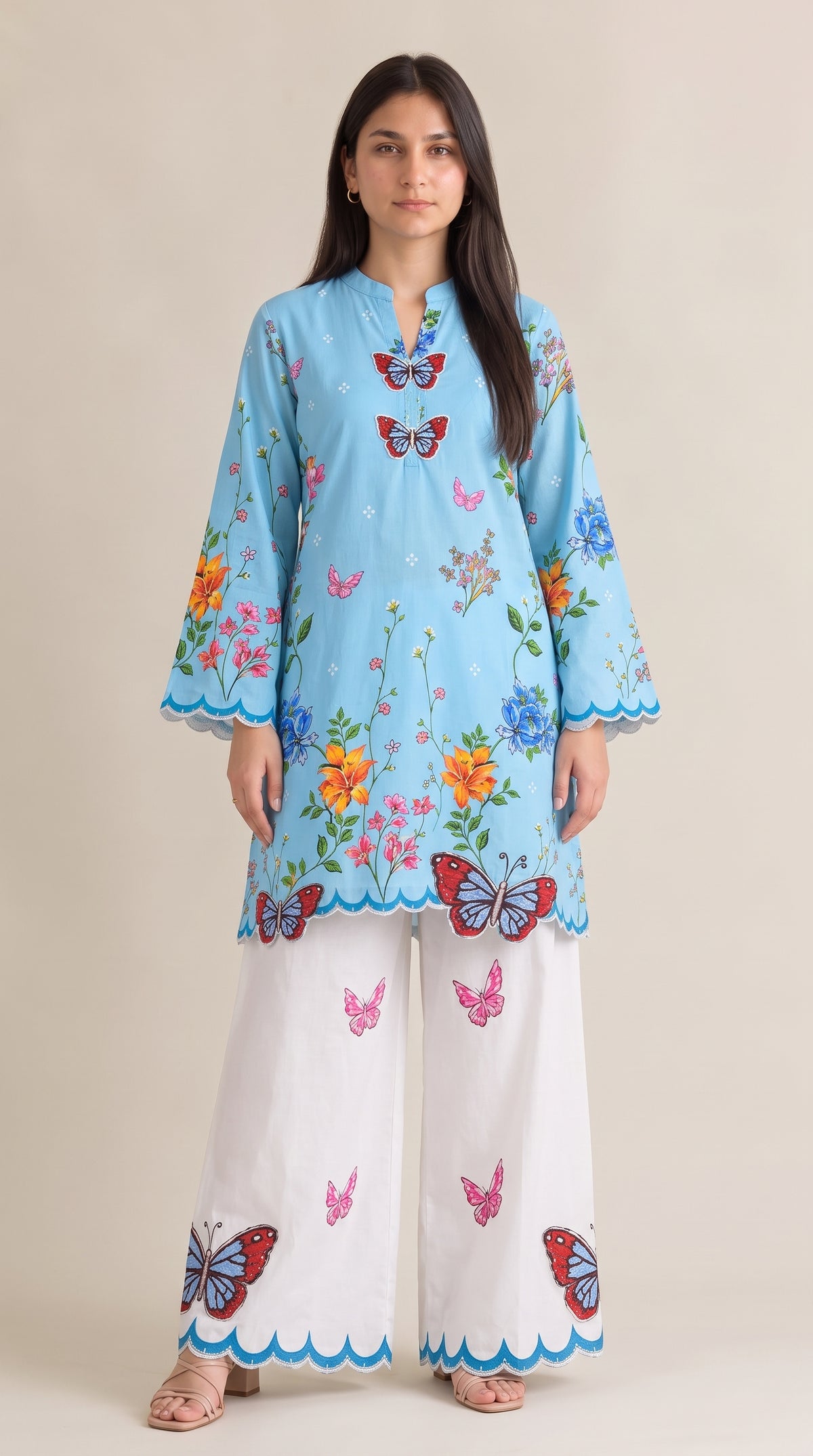 2 Piece Famous Butterfly Printed + Cutwork Co-ord Set