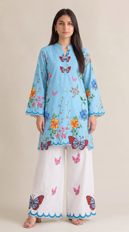 2 Piece Famous Butterfly Printed + Cutwork Co-ord Set