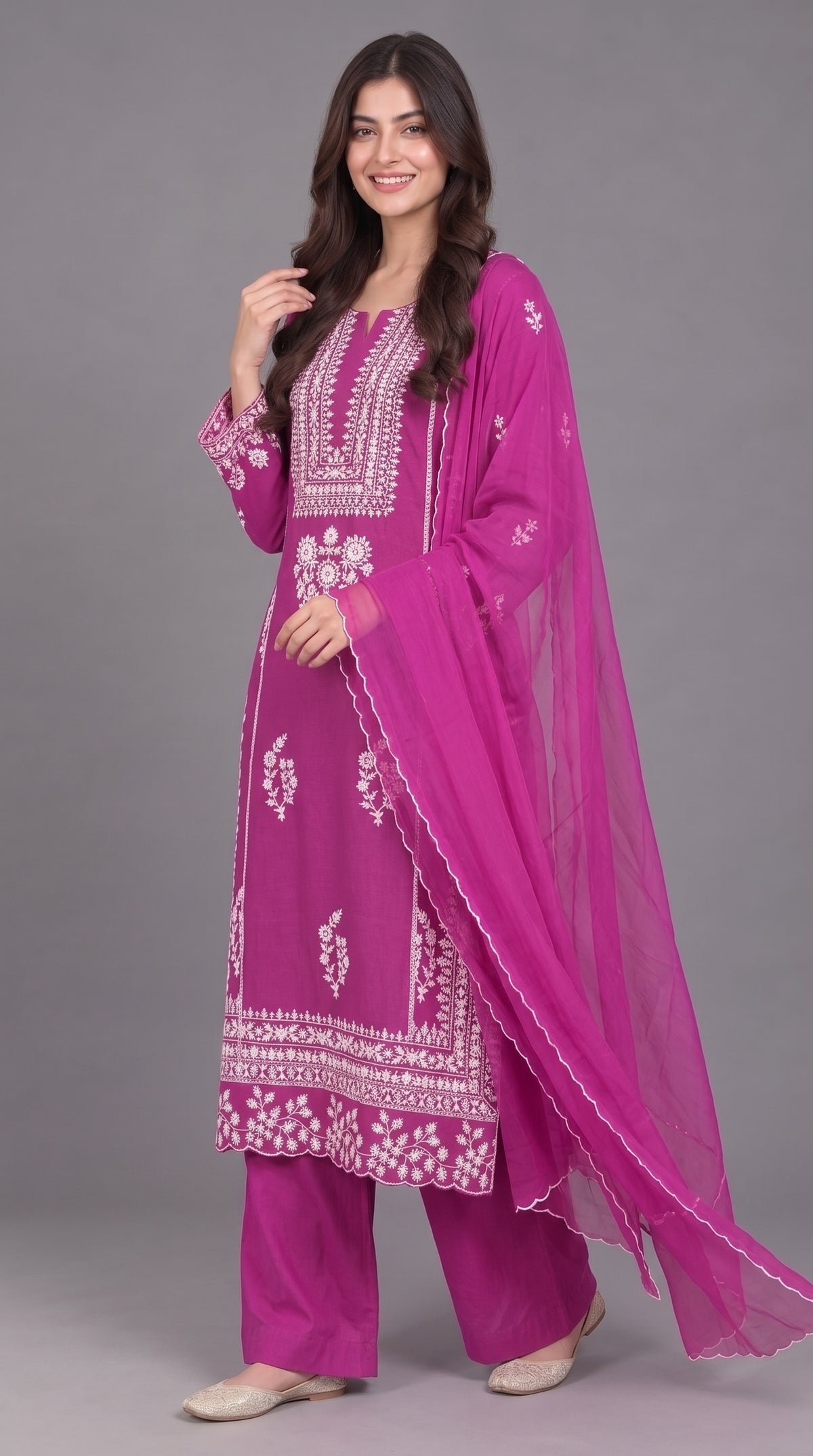 3-Piece Chiffon Embroidered Long Dress with Chiffon Dupatta