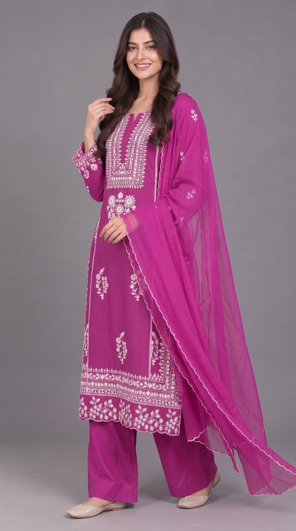 3-Piece Chiffon Embroidered Long Dress with Chiffon Dupatta