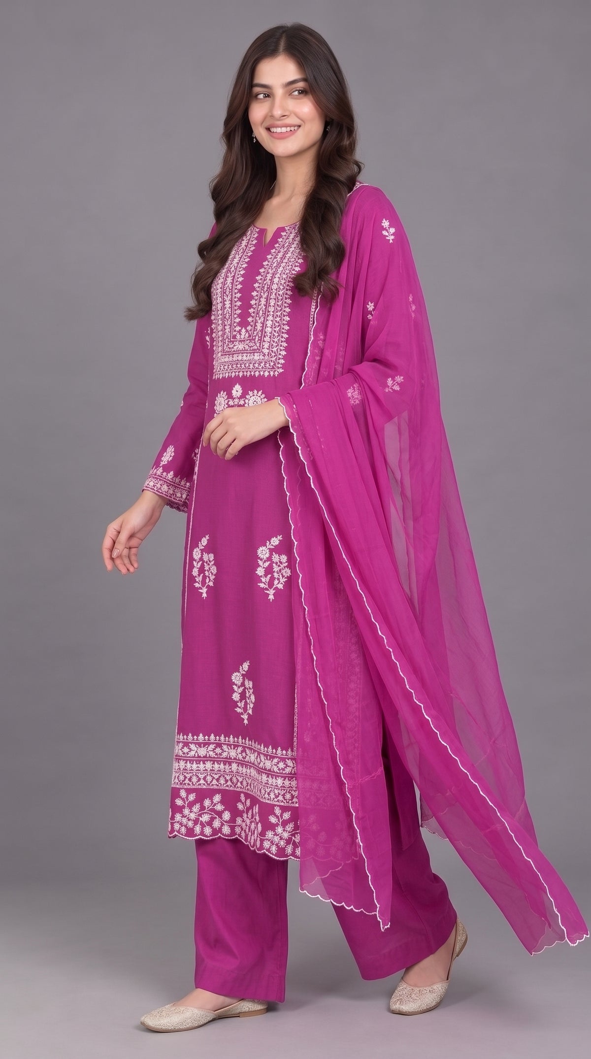 3-Piece Chiffon Embroidered Long Dress with Chiffon Dupatta