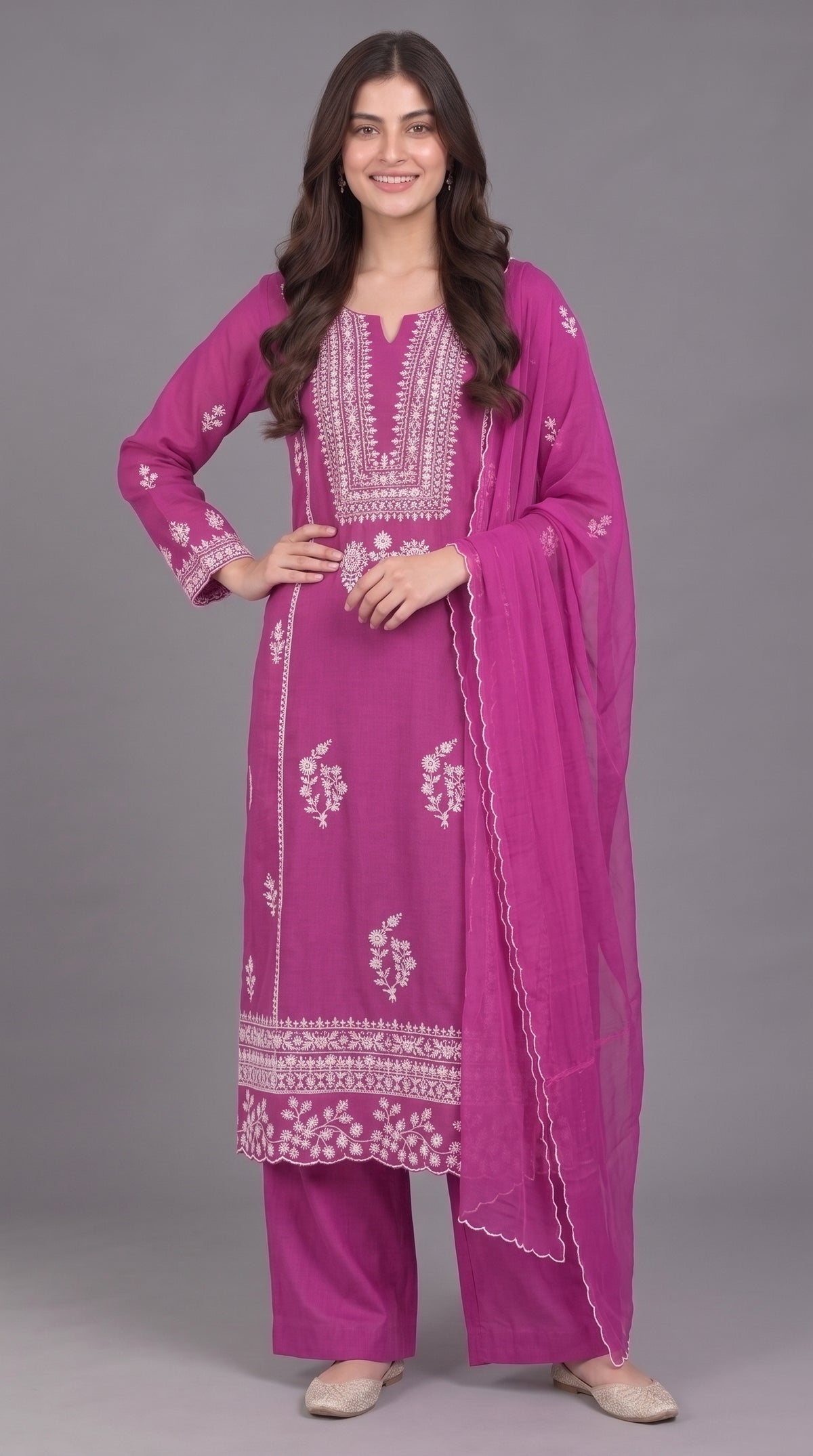 3-Piece Chiffon Embroidered Long Dress with Chiffon Dupatta