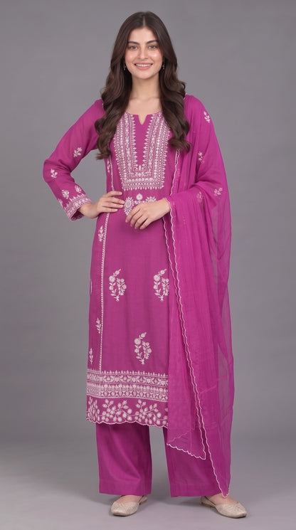 3-Piece Chiffon Embroidered Long Dress with Chiffon Dupatta