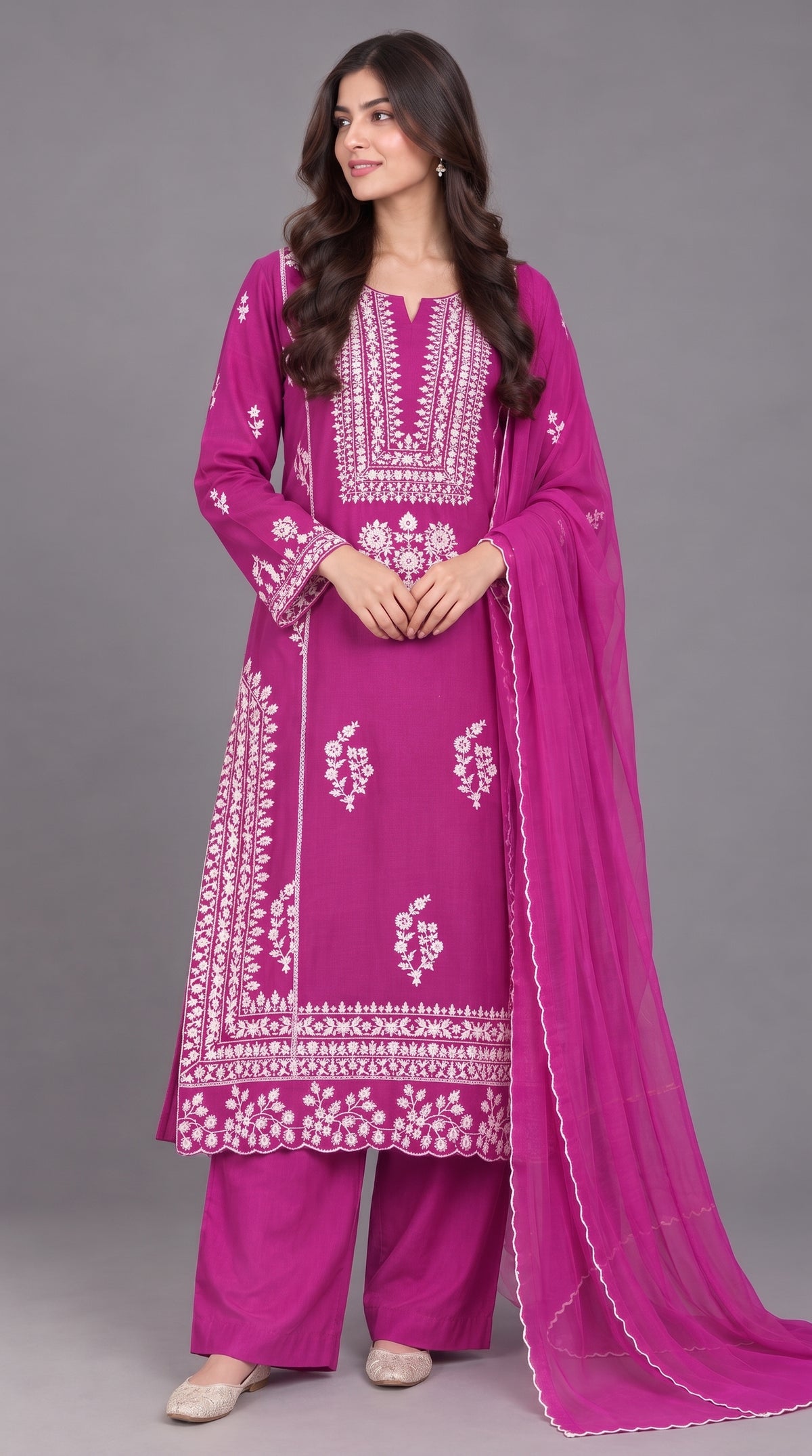 3-Piece Chiffon Embroidered Long Dress with Chiffon Dupatta