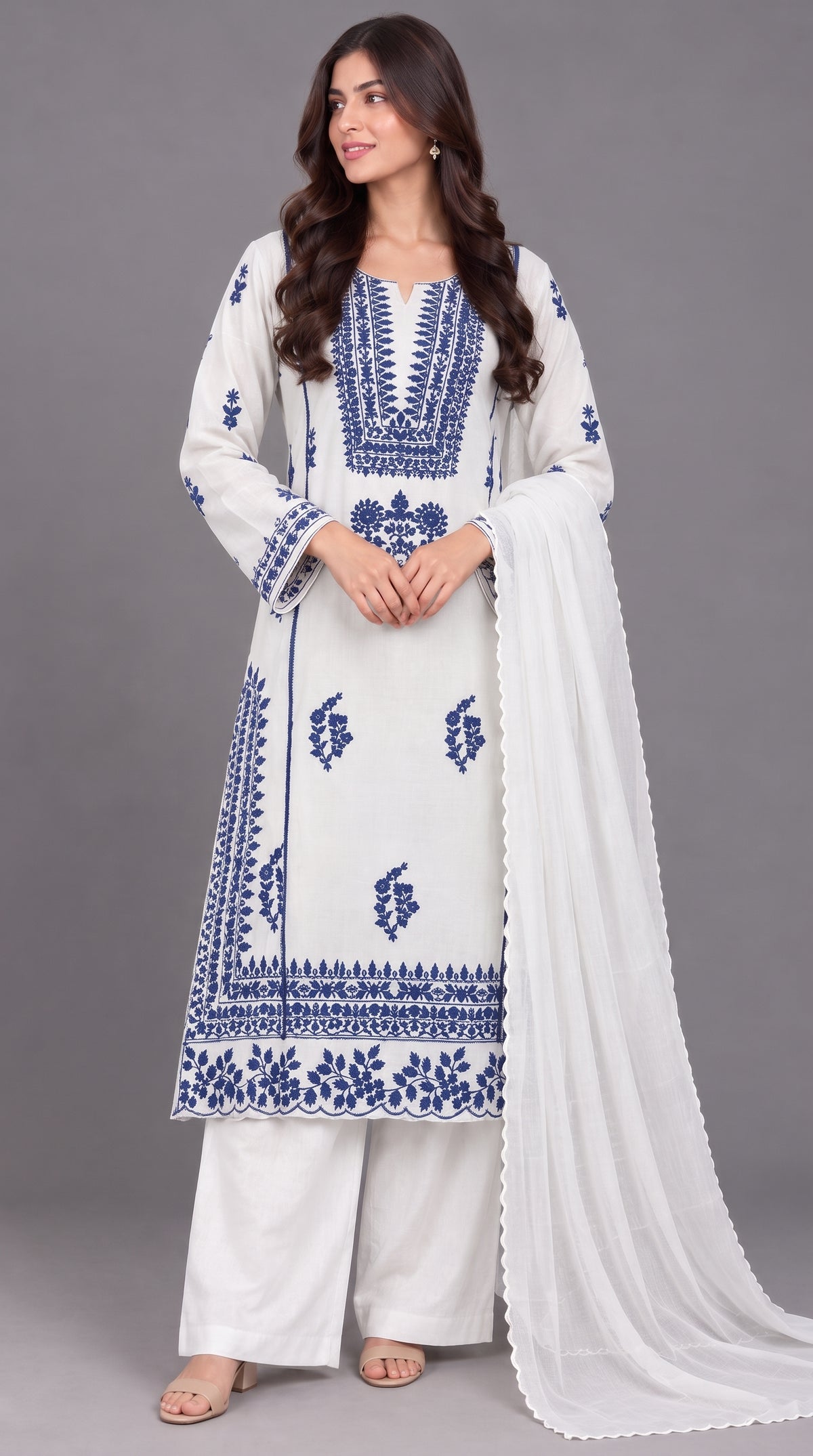 3-Piece Chiffon Embroidered Long Dress with Chiffon Dupatta