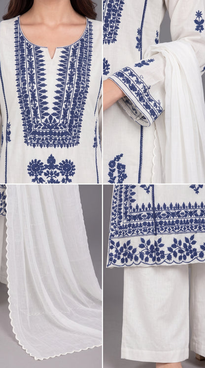 3-Piece Chiffon Embroidered Long Dress with Chiffon Dupatta