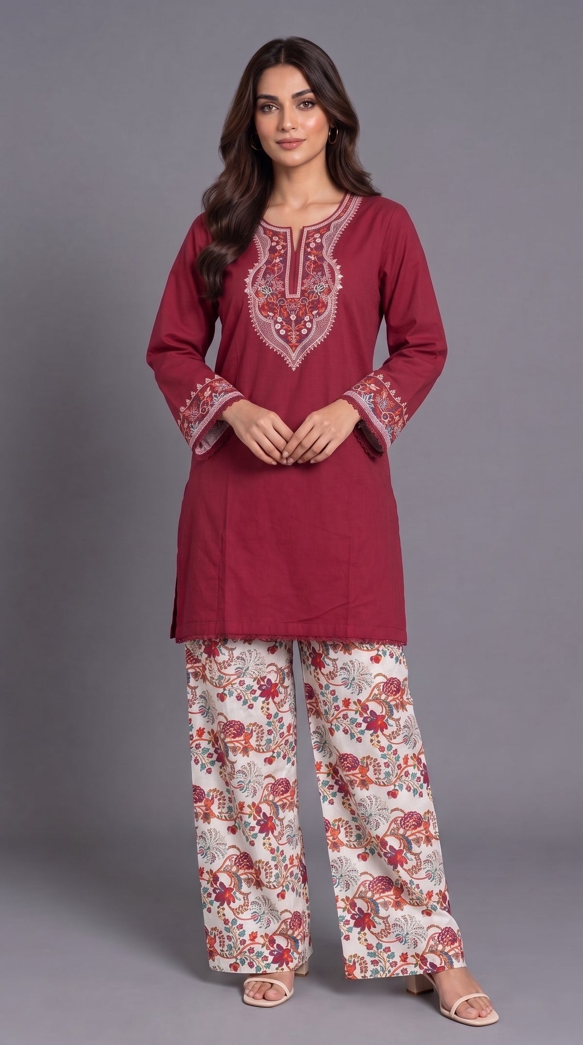 2-Piece Embroidered Shirt & Printed Farshi Co-ord Set — Cotton Lawn