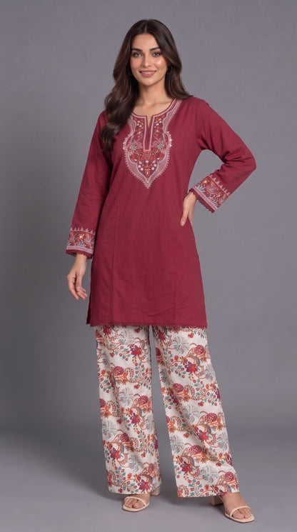 2-Piece Embroidered Shirt & Printed Farshi Co-ord Set — Cotton Lawn
