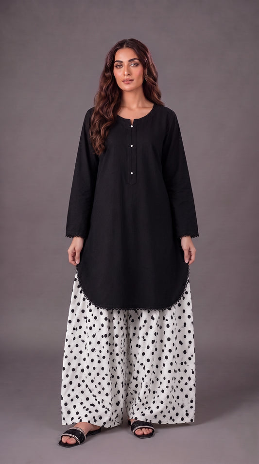 2-Piece Plain Shirt & Polka Dot Printed Farshi Co-ord Set — Cotton Lawn