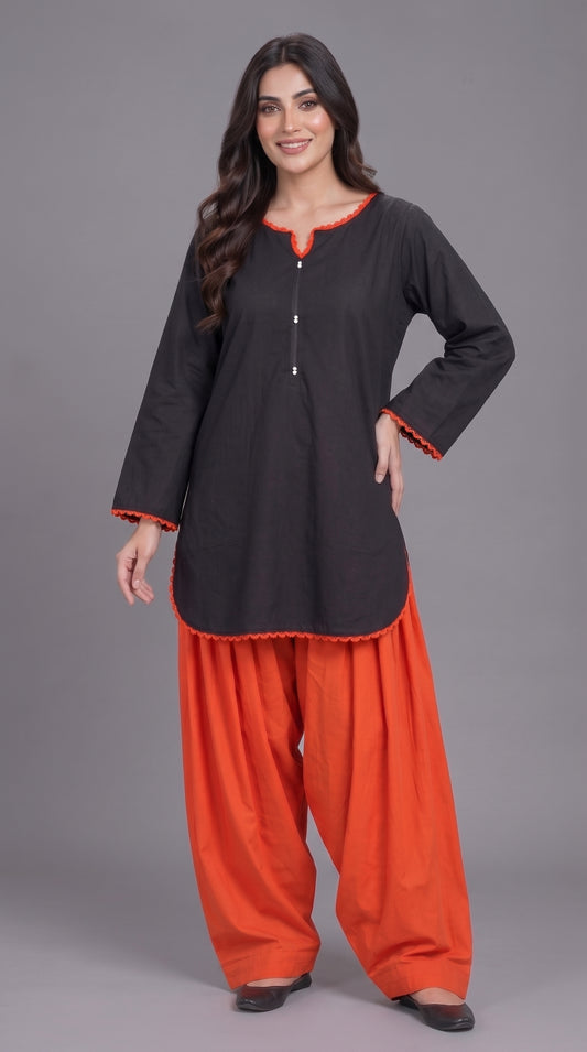 2-Piece Plain Shirt & Plain Farshi Co-ord Set with Contrast Lace — Cotton Lawn