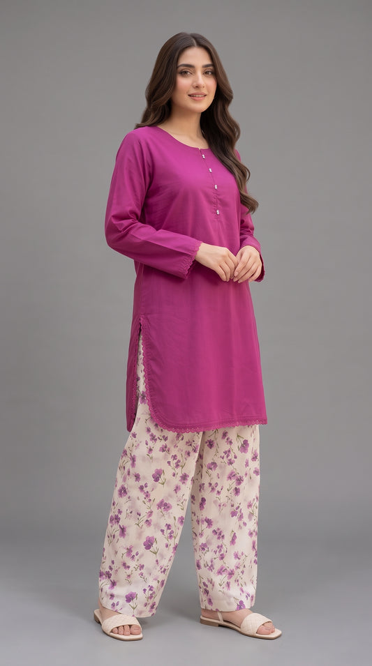 2-Piece Plain Shirt & Floral Printed Farshi Co-ord Set — Linen