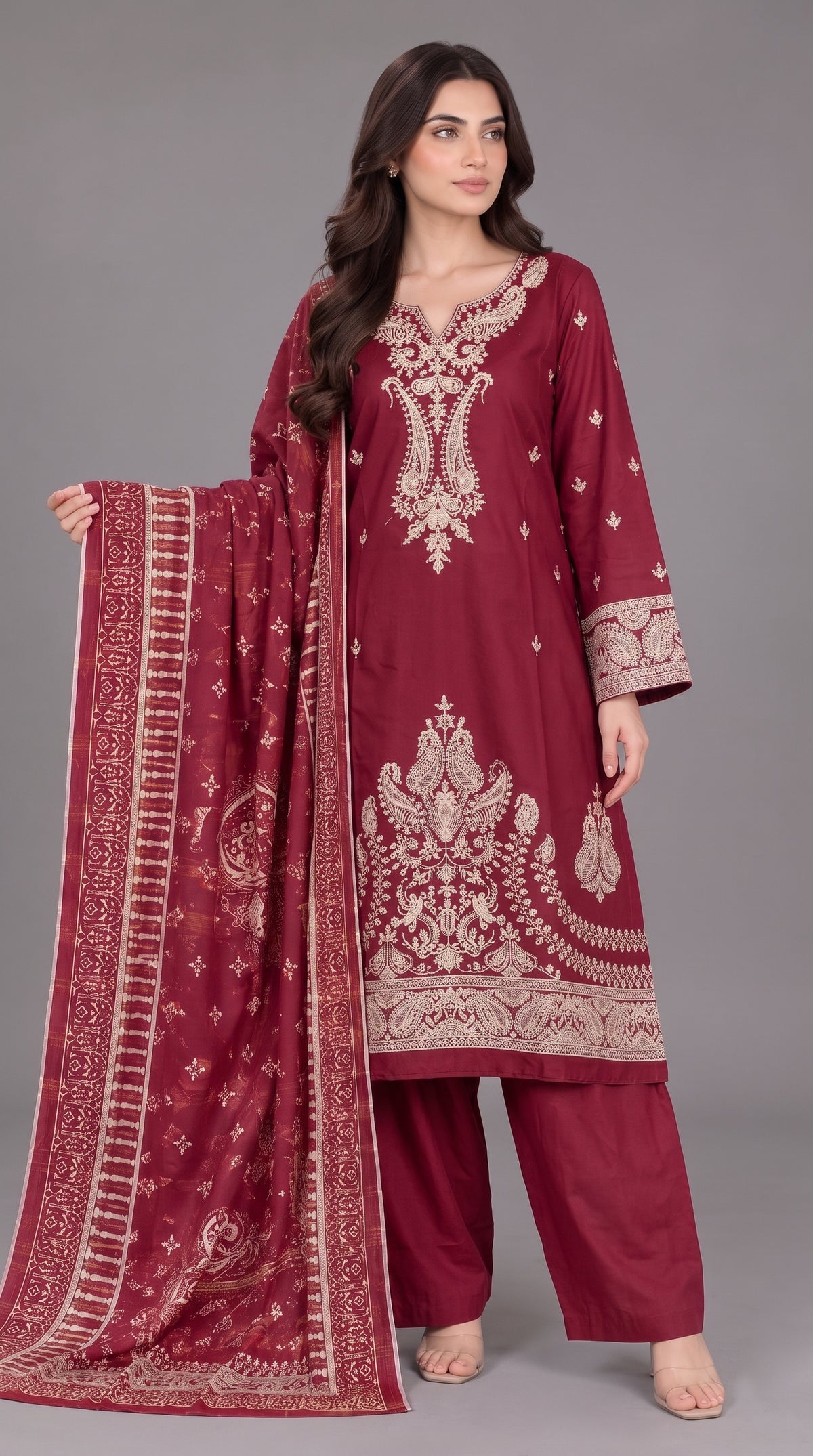 3-Piece Long Length Embroidered Dress with Net Dupatta