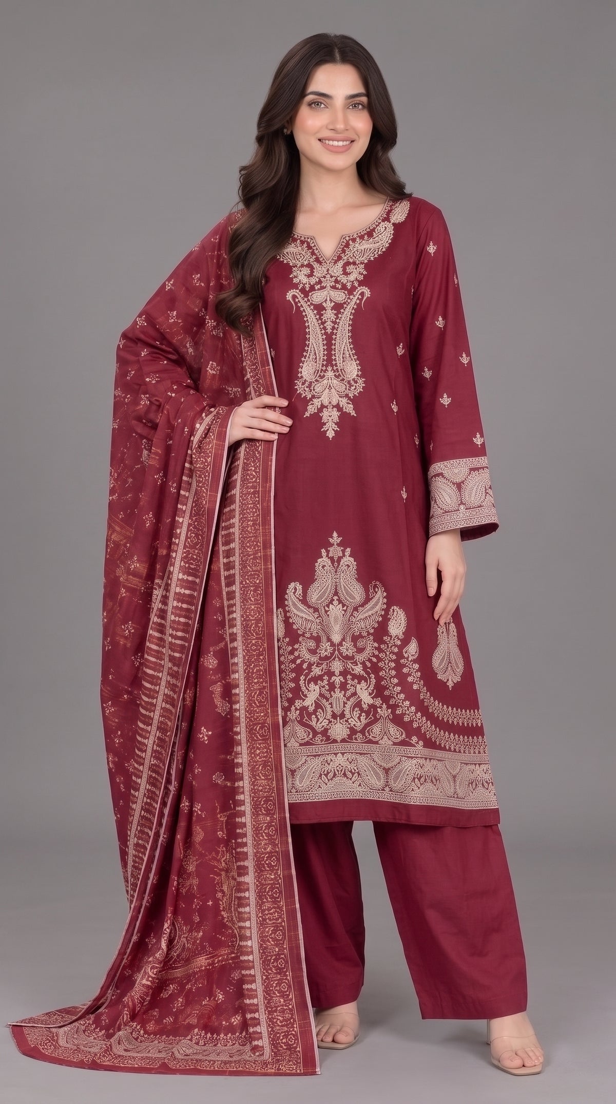3-Piece Long Length Embroidered Dress with Net Dupatta