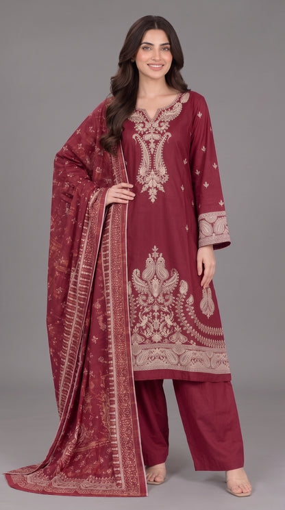 3-Piece Long Length Embroidered Dress with Net Dupatta