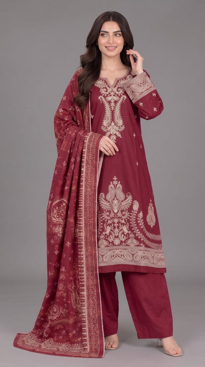 3-Piece Long Length Embroidered Dress with Net Dupatta