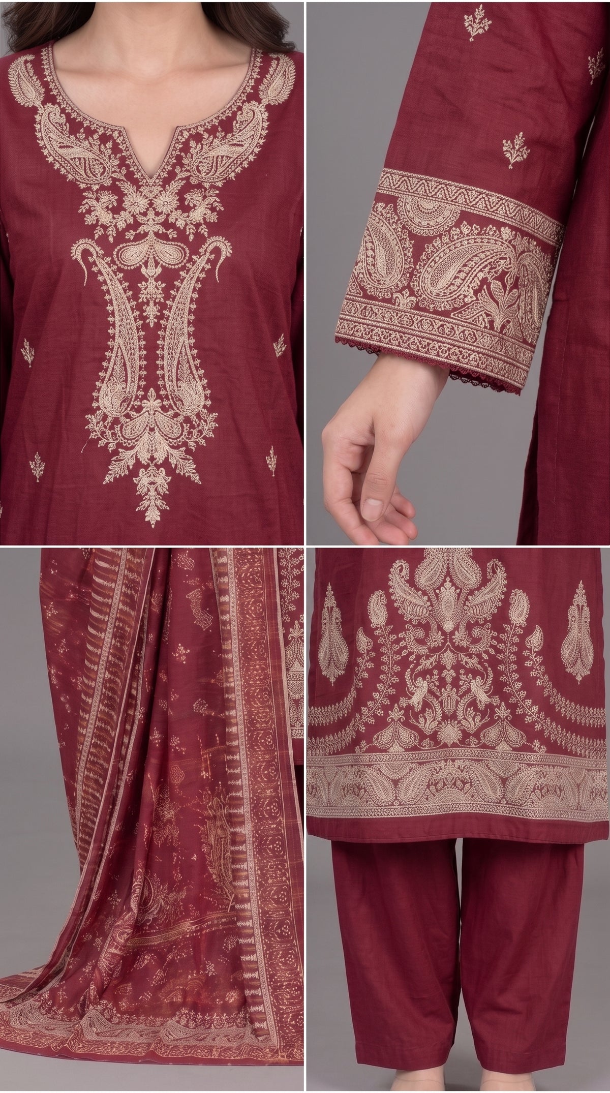 3-Piece Long Length Embroidered Dress with Net Dupatta