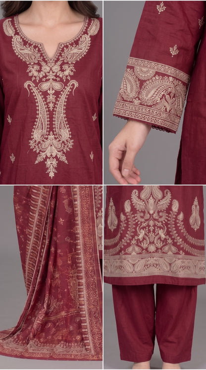 3-Piece Long Length Embroidered Dress with Net Dupatta