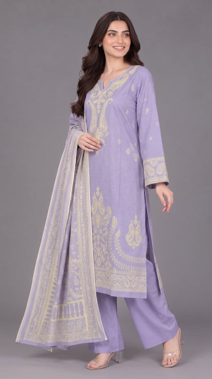 3-Piece Long Length Embroidered Dress with Net Dupatta