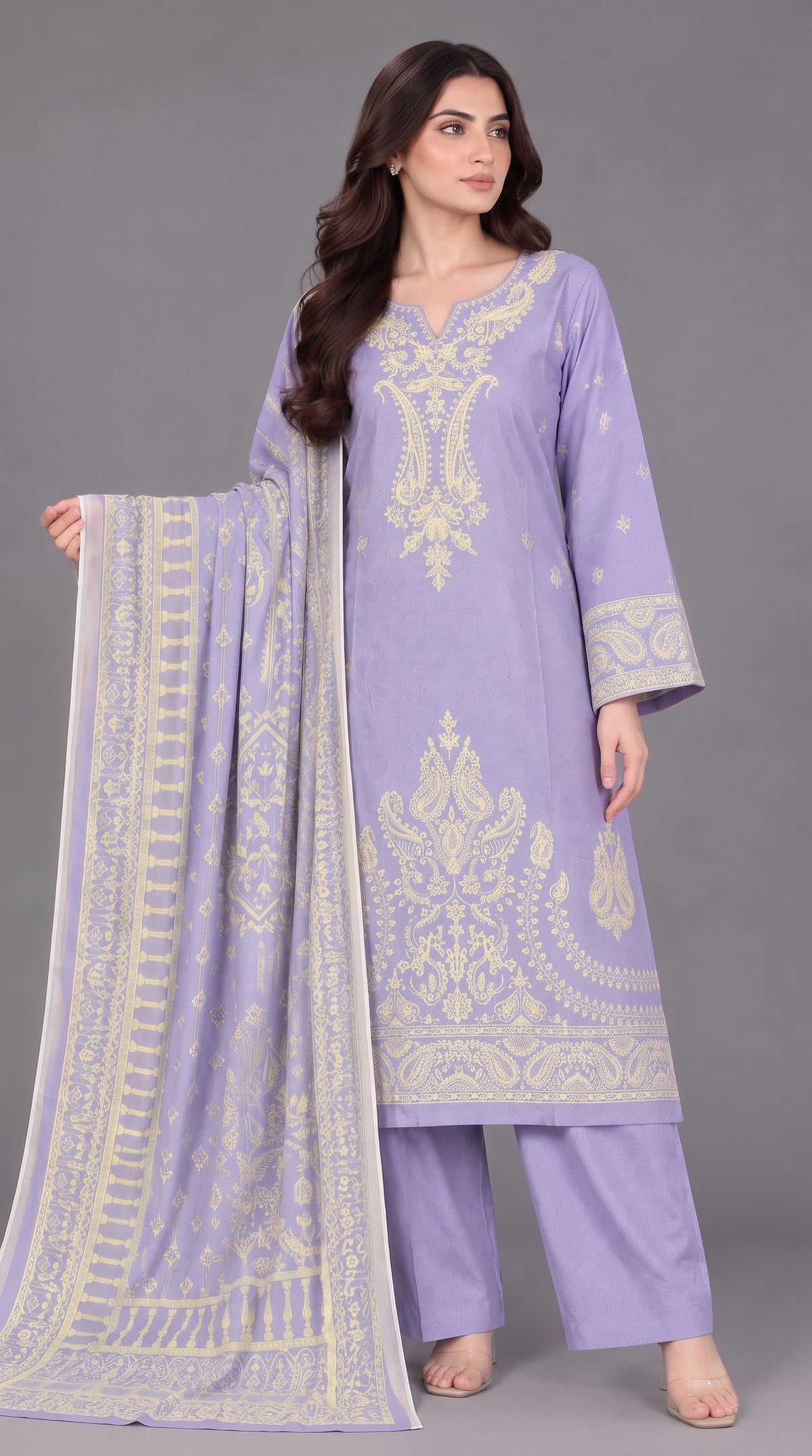 3-Piece Long Length Embroidered Dress with Net Dupatta