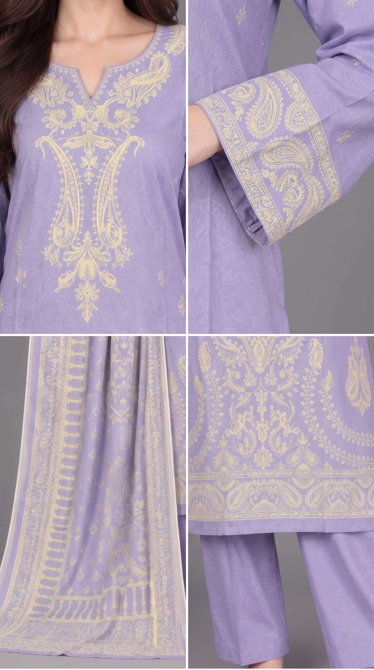 3-Piece Long Length Embroidered Dress with Net Dupatta