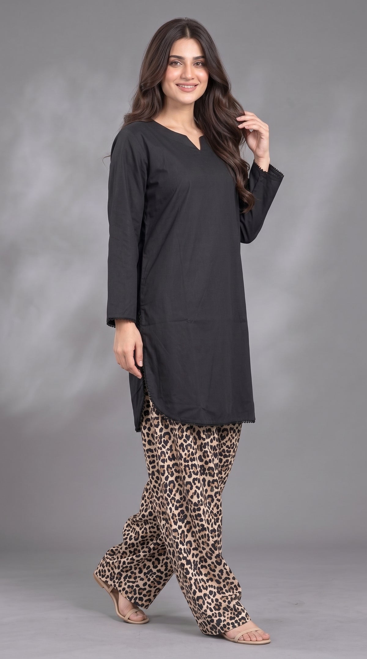 2-Piece Plain Shirt & Cheetah Print Farshi Co-ord Set — Linen