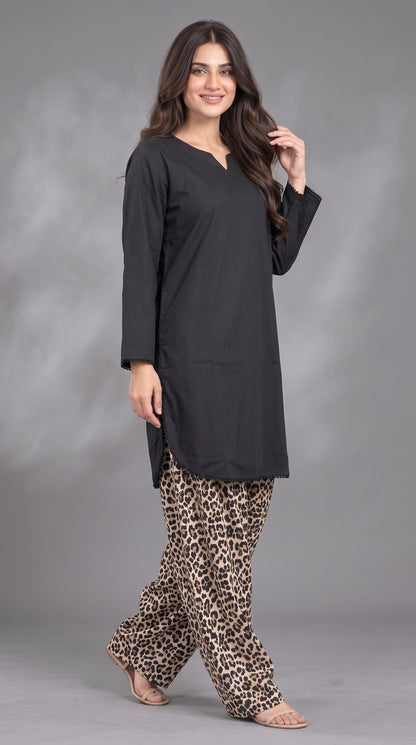 2-Piece Plain Shirt & Cheetah Print Farshi Co-ord Set — Linen