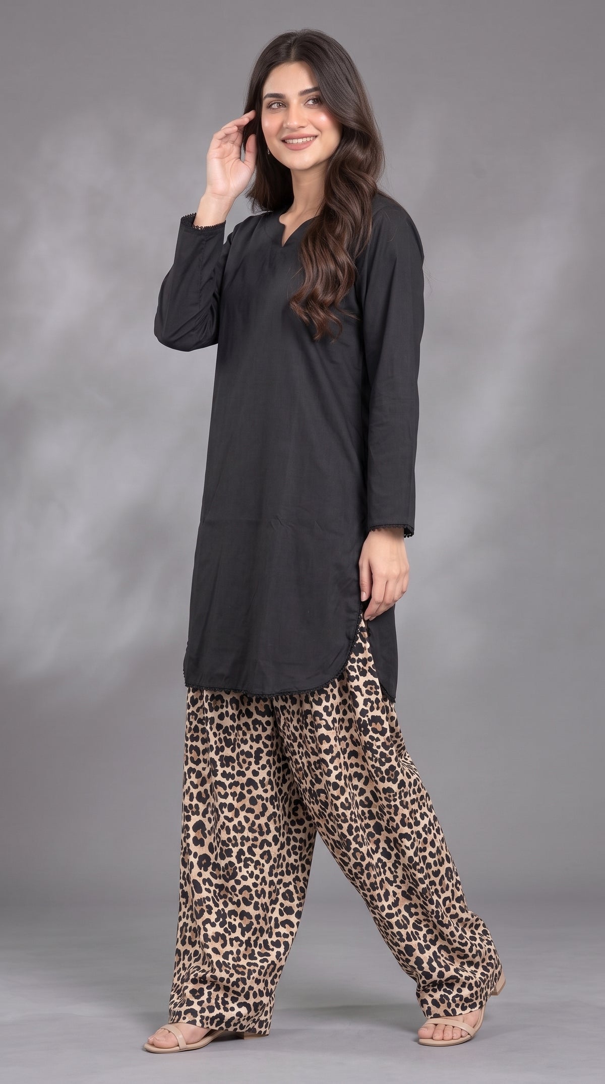 2-Piece Plain Shirt & Cheetah Print Farshi Co-ord Set — Linen