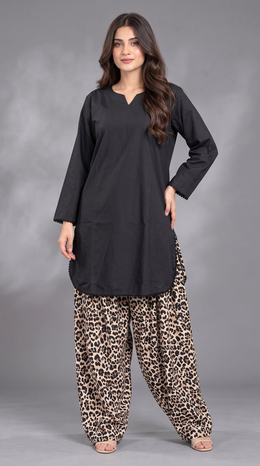 2-Piece Plain Shirt & Cheetah Print Farshi Co-ord Set — Linen