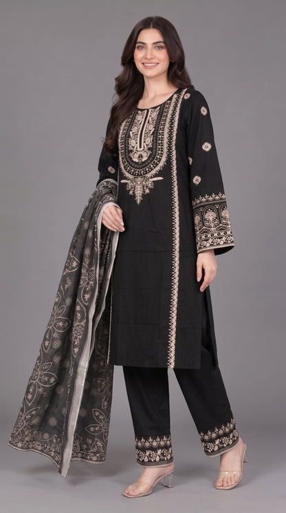 3-Piece Long Length Embroidered Dress with Net Dupatta — Cotton