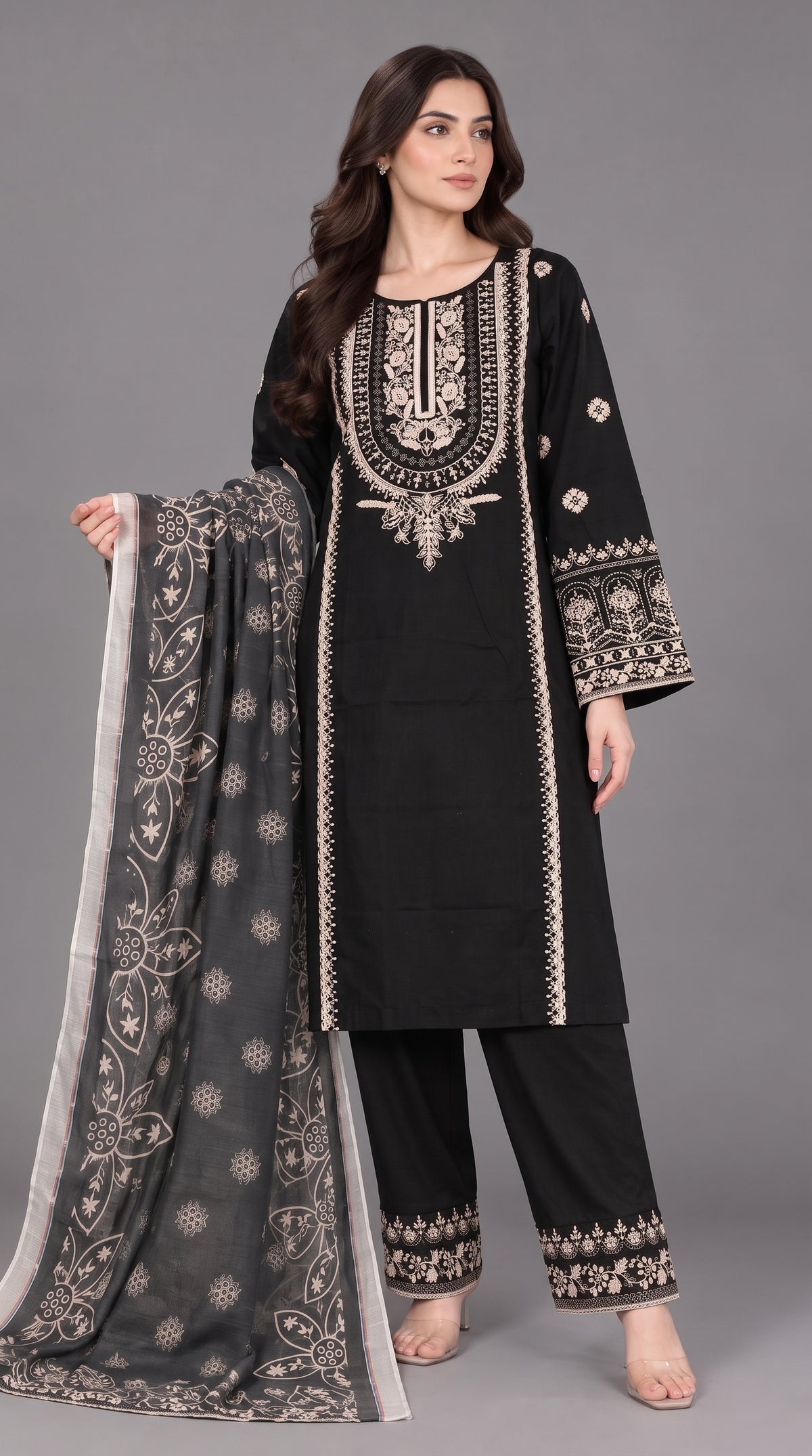 3-Piece Long Length Embroidered Dress with Net Dupatta — Cotton