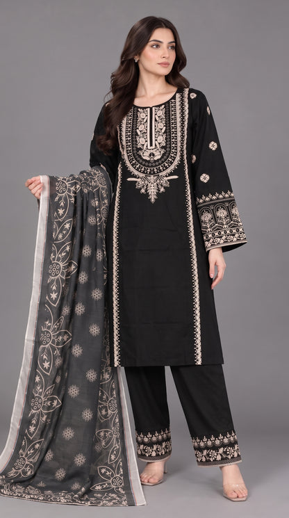 3-Piece Long Length Embroidered Dress with Net Dupatta — Cotton