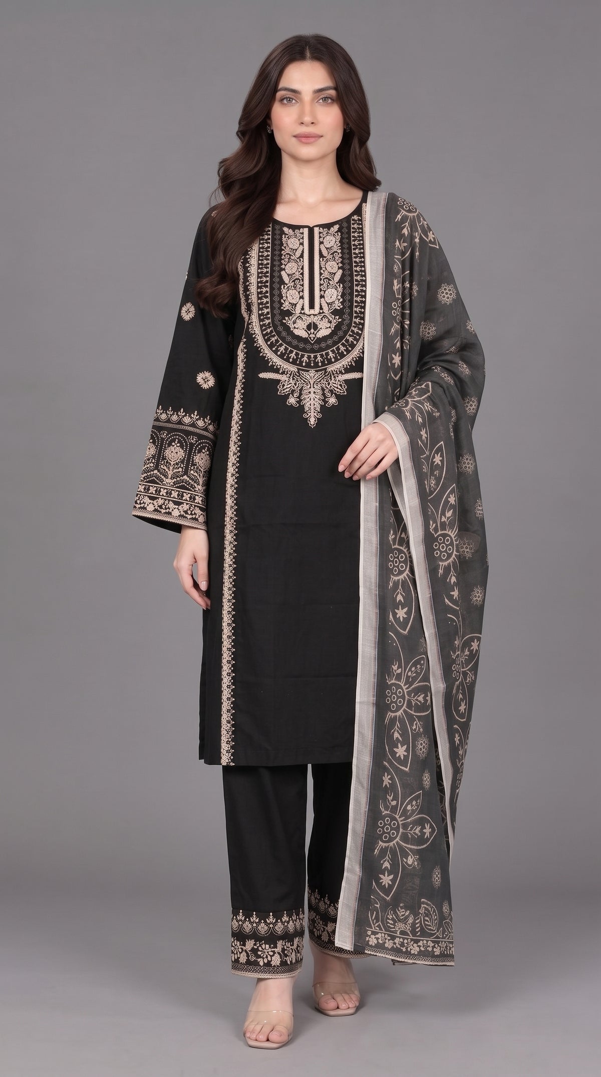 3-Piece Long Length Embroidered Dress with Net Dupatta — Cotton
