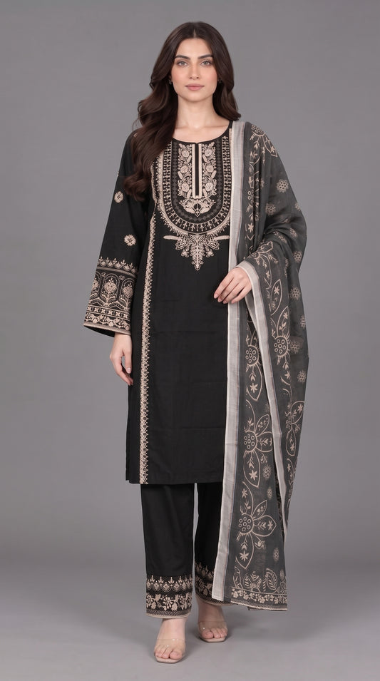 3-Piece Long Length Embroidered Dress with Net Dupatta — Cotton