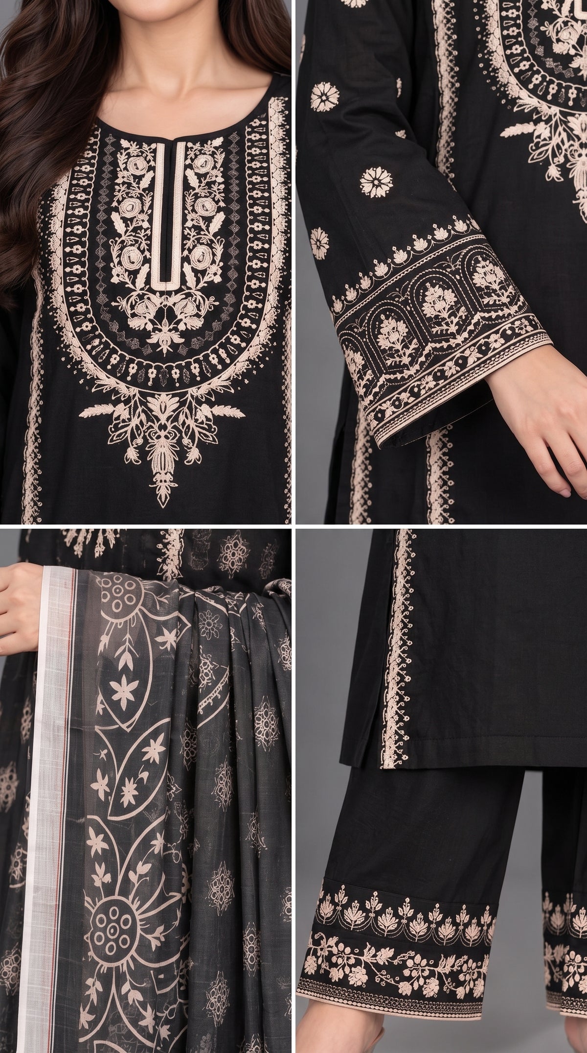 3-Piece Long Length Embroidered Dress with Net Dupatta — Cotton