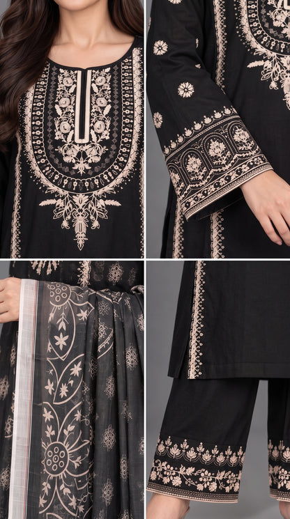 3-Piece Long Length Embroidered Dress with Net Dupatta — Cotton