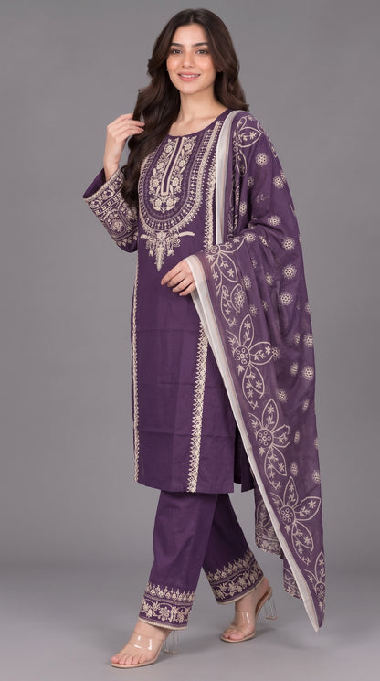 3-Piece Long Length Embroidered Dress with Net Dupatta — Cotton
