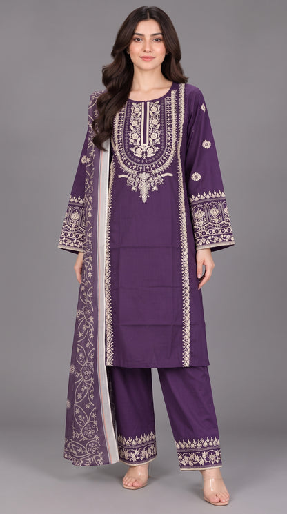 3-Piece Long Length Embroidered Dress with Net Dupatta — Cotton