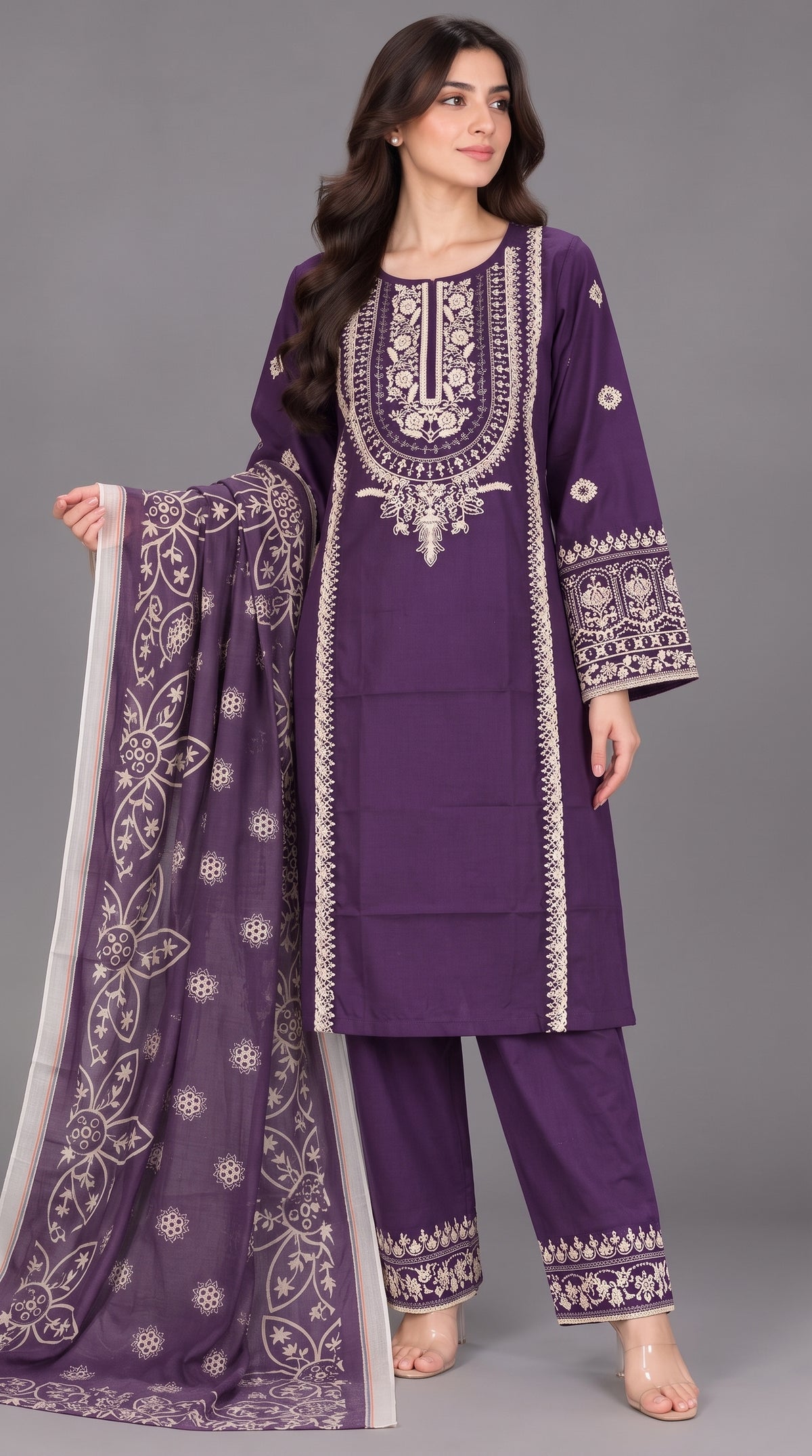 3-Piece Long Length Embroidered Dress with Net Dupatta — Cotton