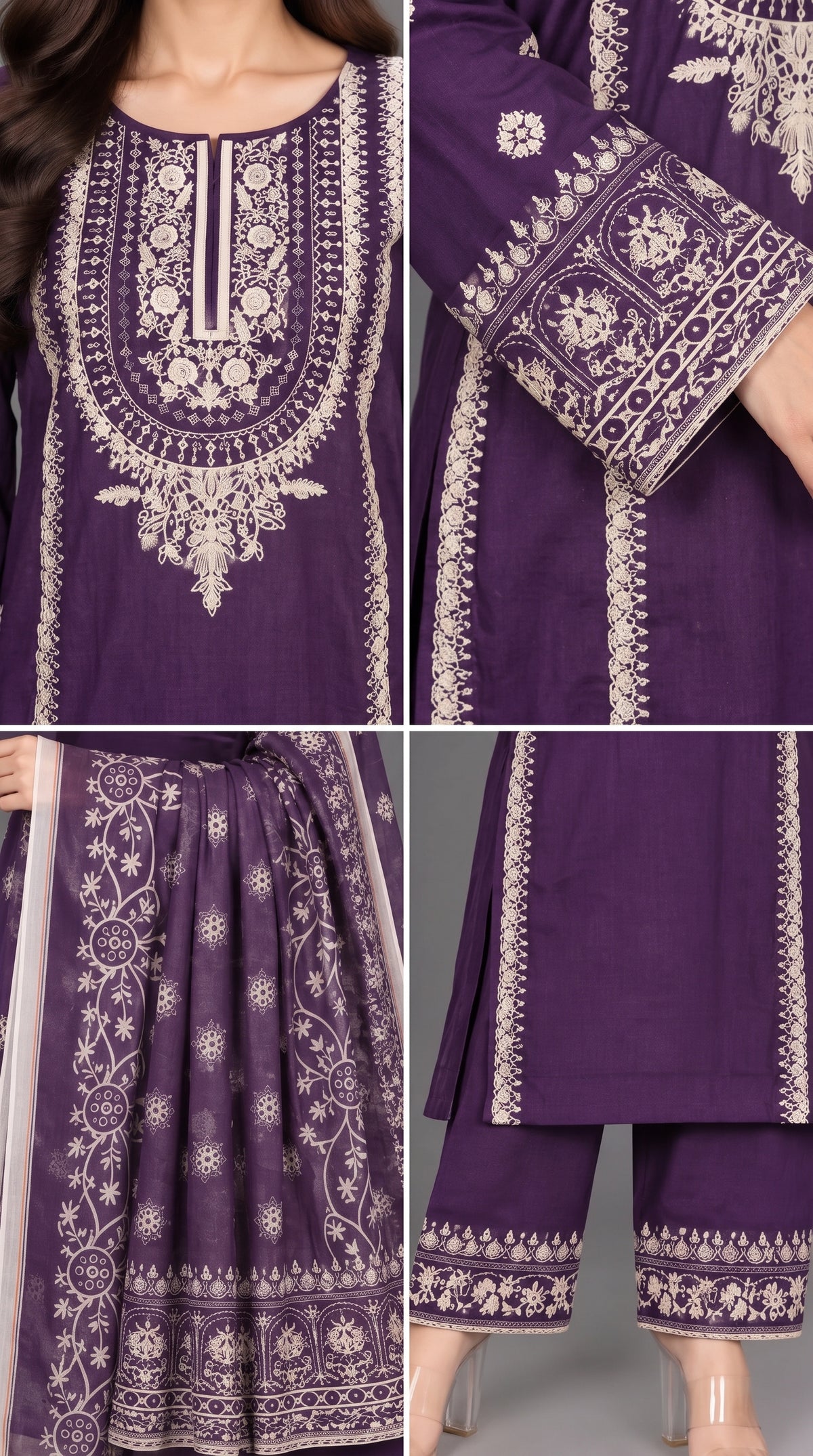3-Piece Long Length Embroidered Dress with Net Dupatta — Cotton