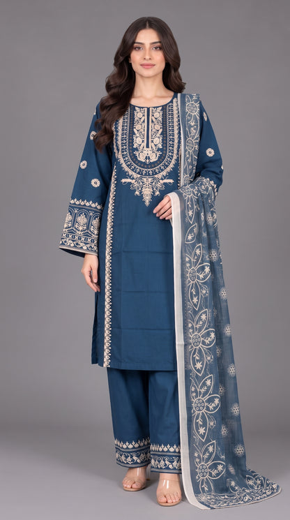 3-Piece Long Length Embroidered Dress with Net Dupatta — Cotton