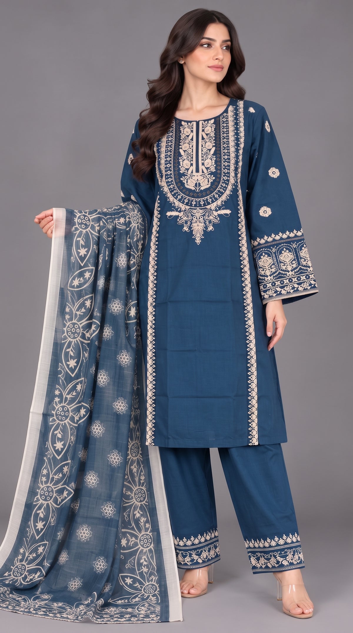3-Piece Long Length Embroidered Dress with Net Dupatta — Cotton