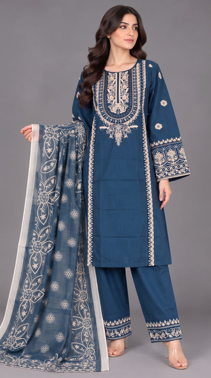 3-Piece Long Length Embroidered Dress with Net Dupatta — Cotton