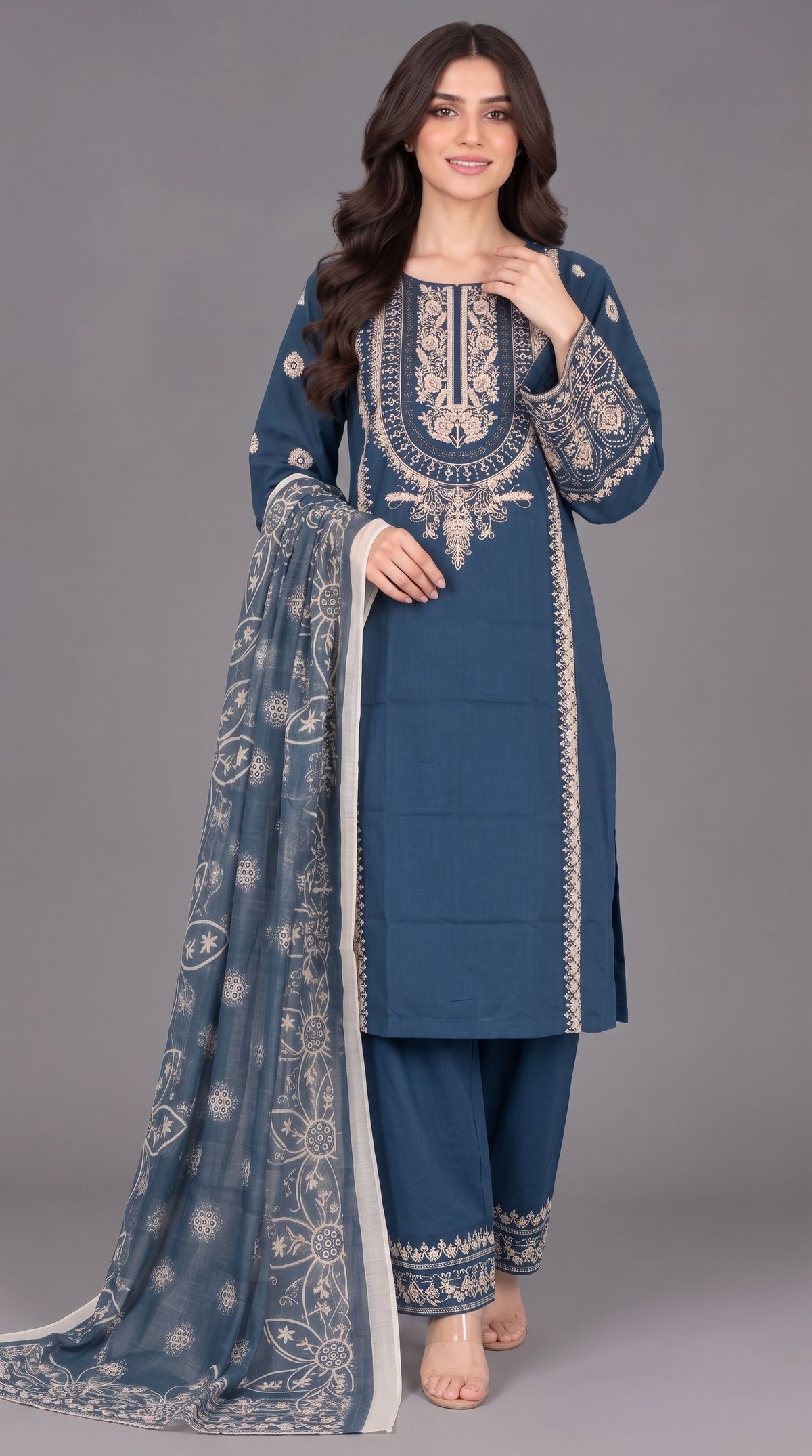 3-Piece Long Length Embroidered Dress with Net Dupatta — Cotton