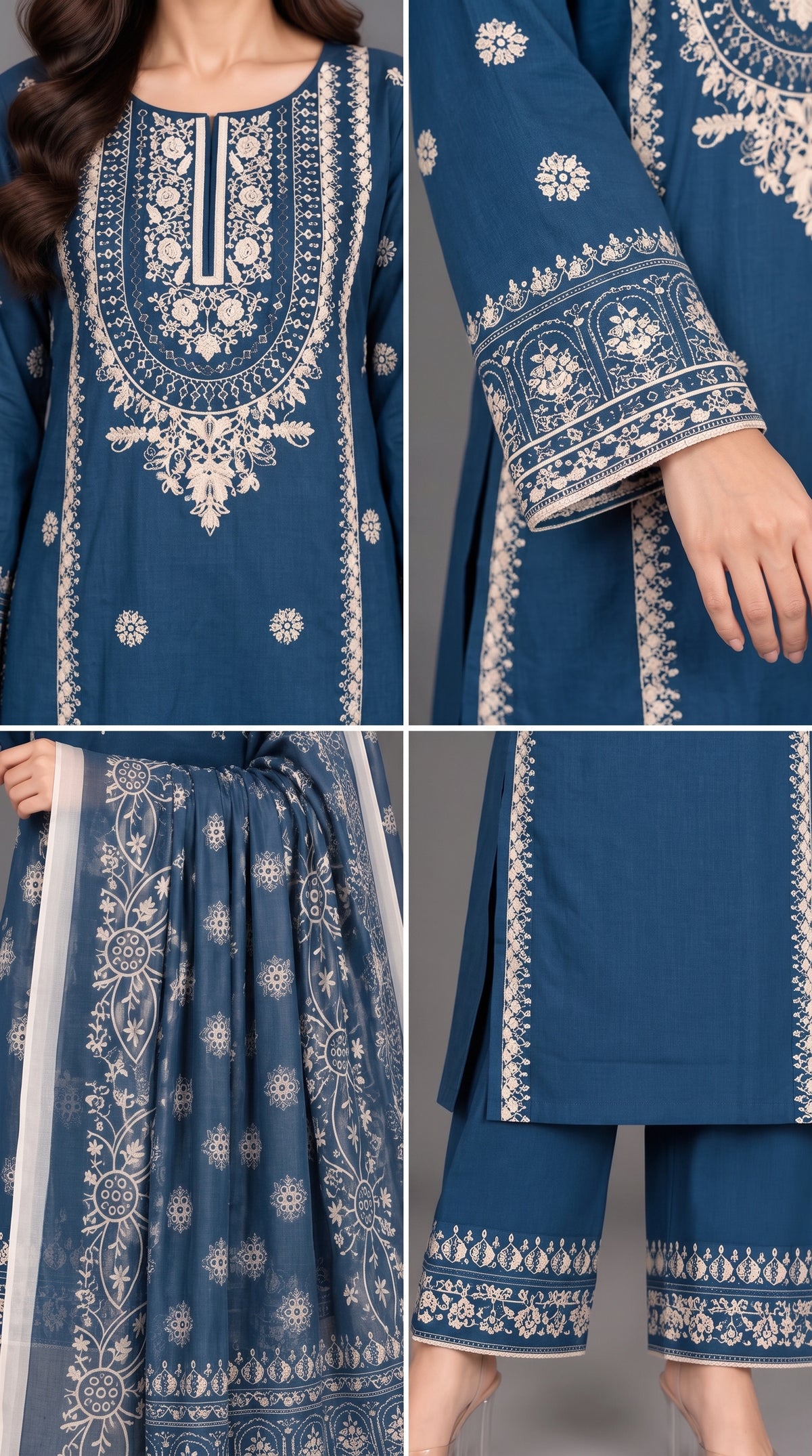 3-Piece Long Length Embroidered Dress with Net Dupatta — Cotton