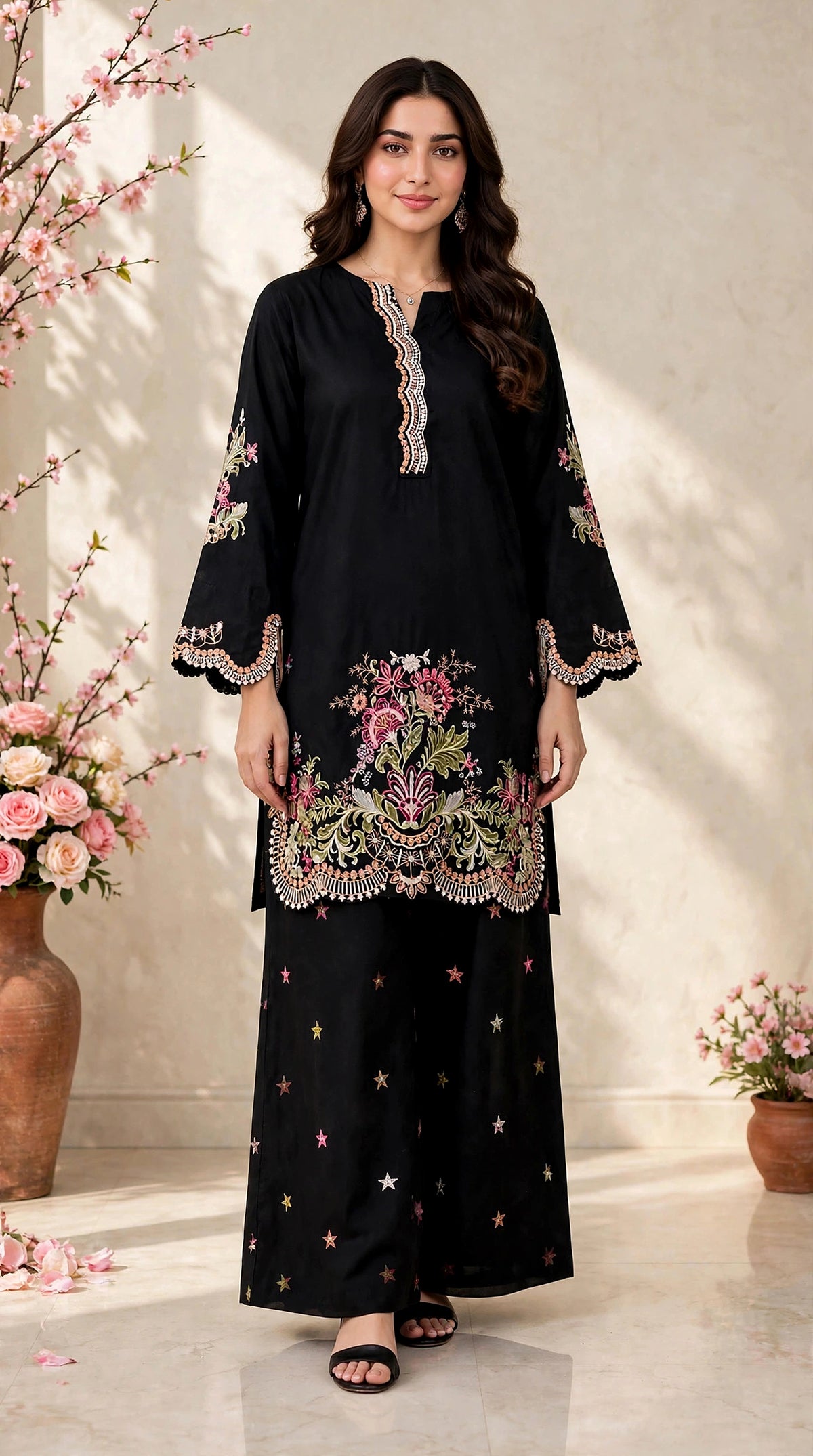 Black Embroidered Kurta with Star Palazzo — Imported Cotton 2-Piece Set